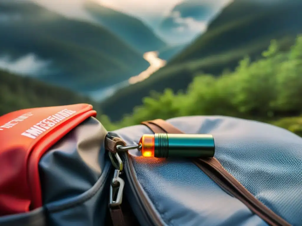 Silbato de emergencia para camping brillando en mochila de excursionista en bosque sereno