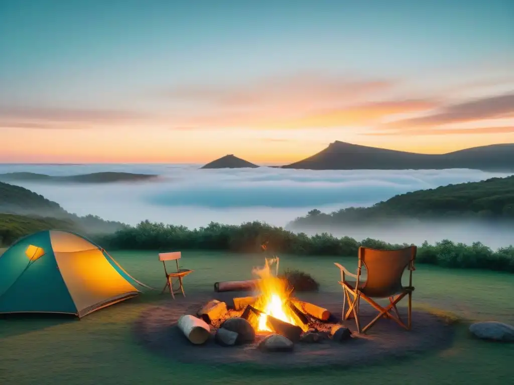Acogedora silla de camping junto a fogata al atardecer en Uruguay Silla de camping cómoda junto a fogata al atardecer en Uruguay