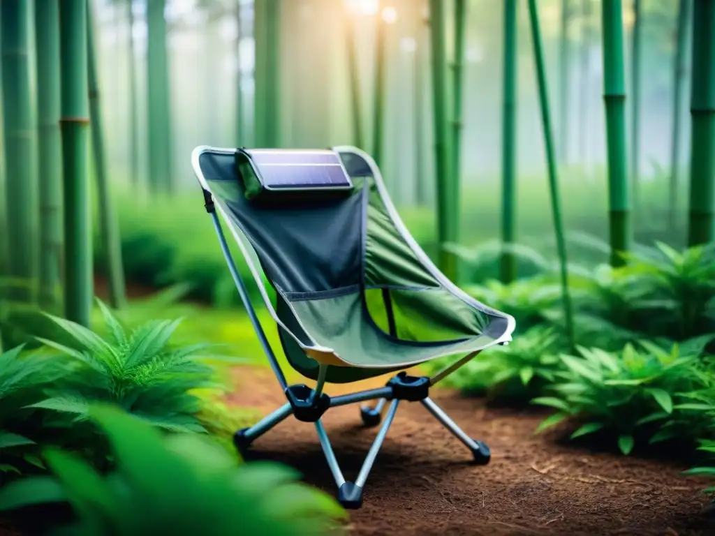 Silla de camping futurista: diseño ligero y sostenible con paneles solares Silla de camping futurista con diseño innovador y cómodo en el bosque