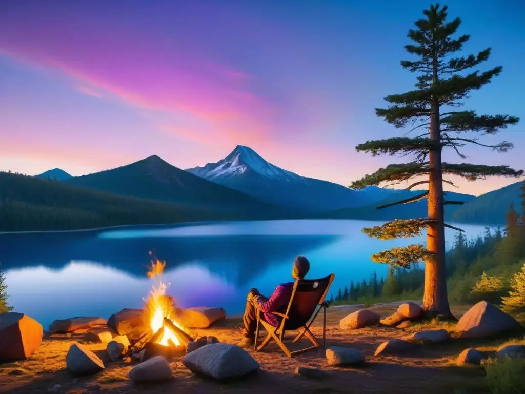 Campamento tranquilo: silla junto al fuego bajo el cielo estrellado Sillas y muebles camping cómodos: Serenidad al anochecer en un campamento, con una silla junto al fuego y una persona contemplando las estrellas