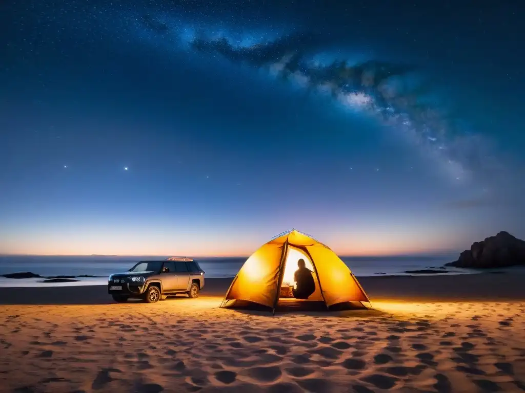 Silueta de un campista frente a una fogata brillante bajo un cielo estrellado en Cabo Polonio