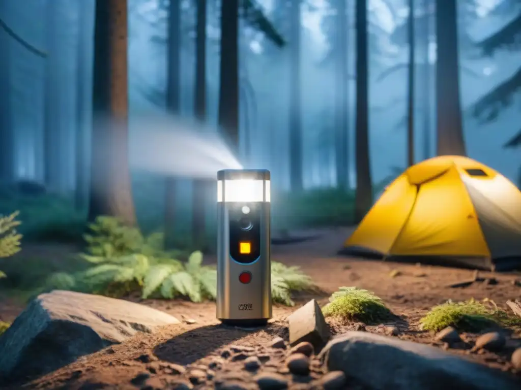 Sistema de alarma para camping moderno capturando intruso en la noche entre árboles