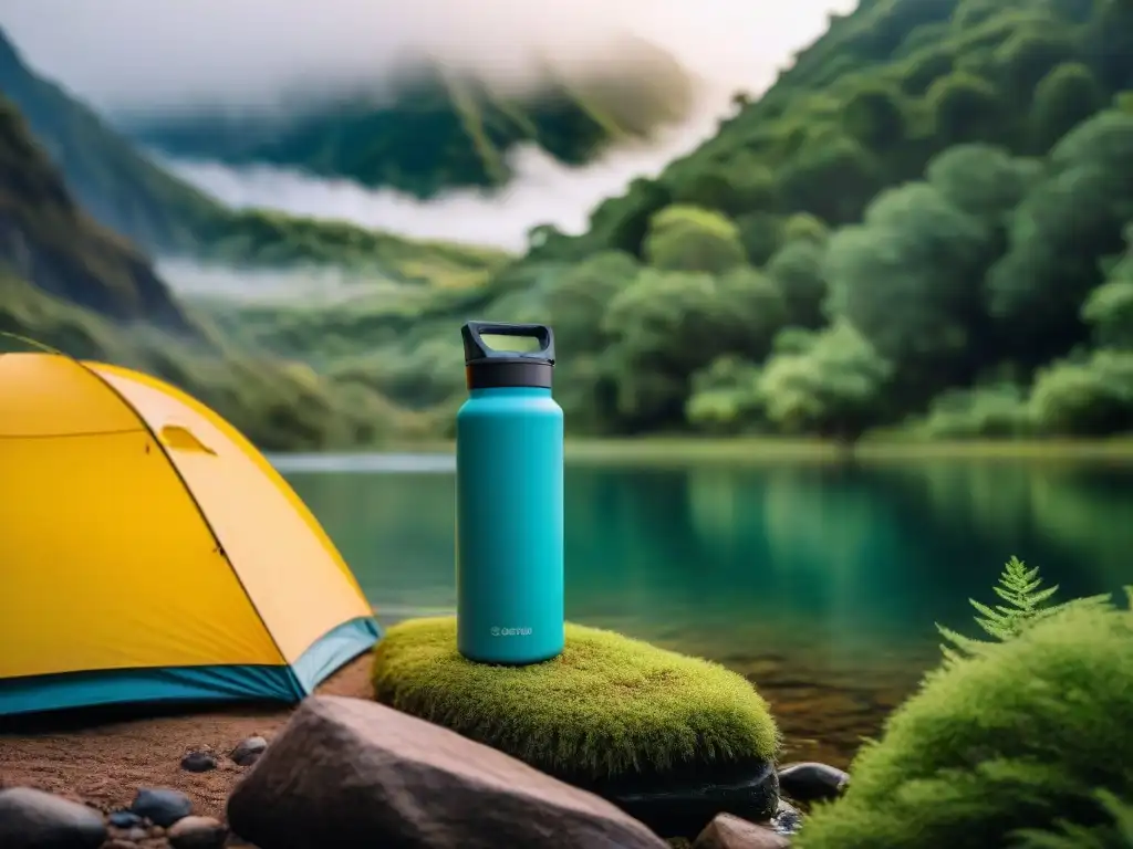 Un sistema portátil de depuración de agua en camping purifica agua cristalina en un entorno natural de acampada