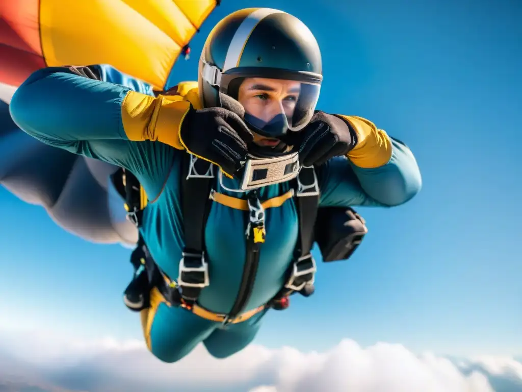 Un skydiver experto realiza una minuciosa revisión del equipo antes del salto en Uruguay