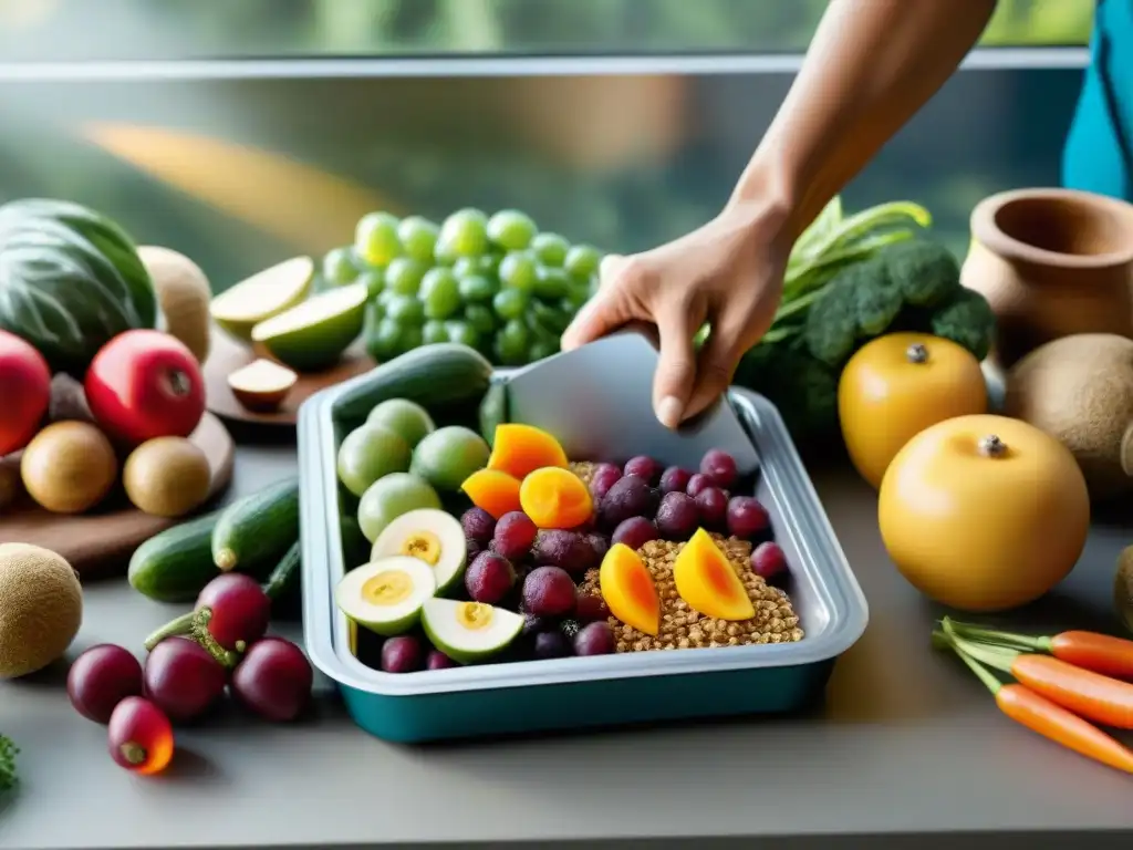 Preparando snacks saludables para camping en Uruguay con dedicación y cuidado, rodeado de frutas y verduras frescas