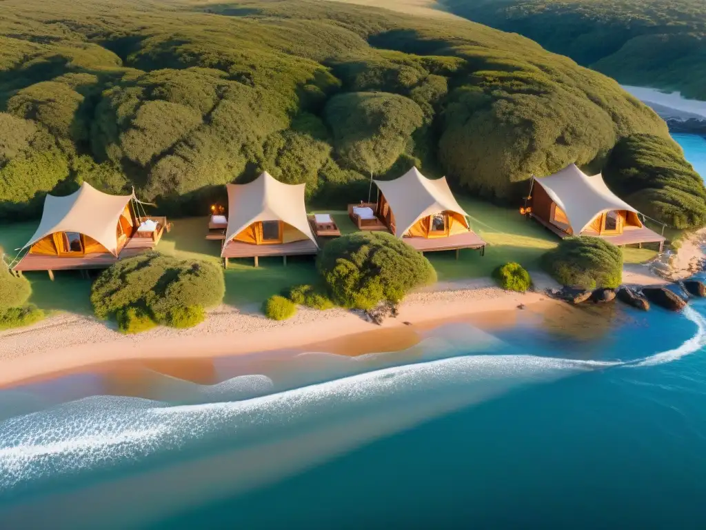 El sol se pone sobre la costa de Uruguay, iluminando el lujoso glamping en la playa