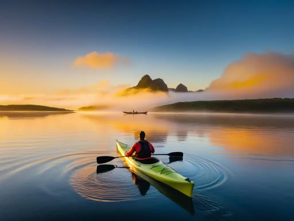 Kayaker solitario disfrutando del atardecer dorado en Laguna Garzón, Uruguay