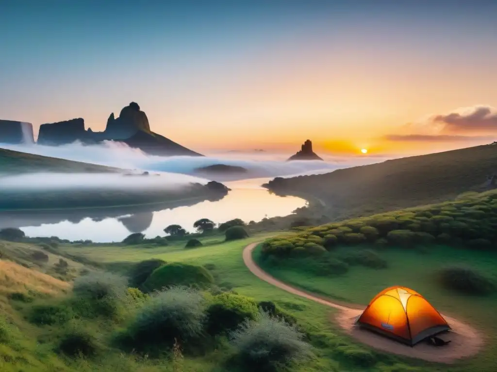 Un solitario campista preservando la belleza del camping en Uruguay junto a un río al atardecer