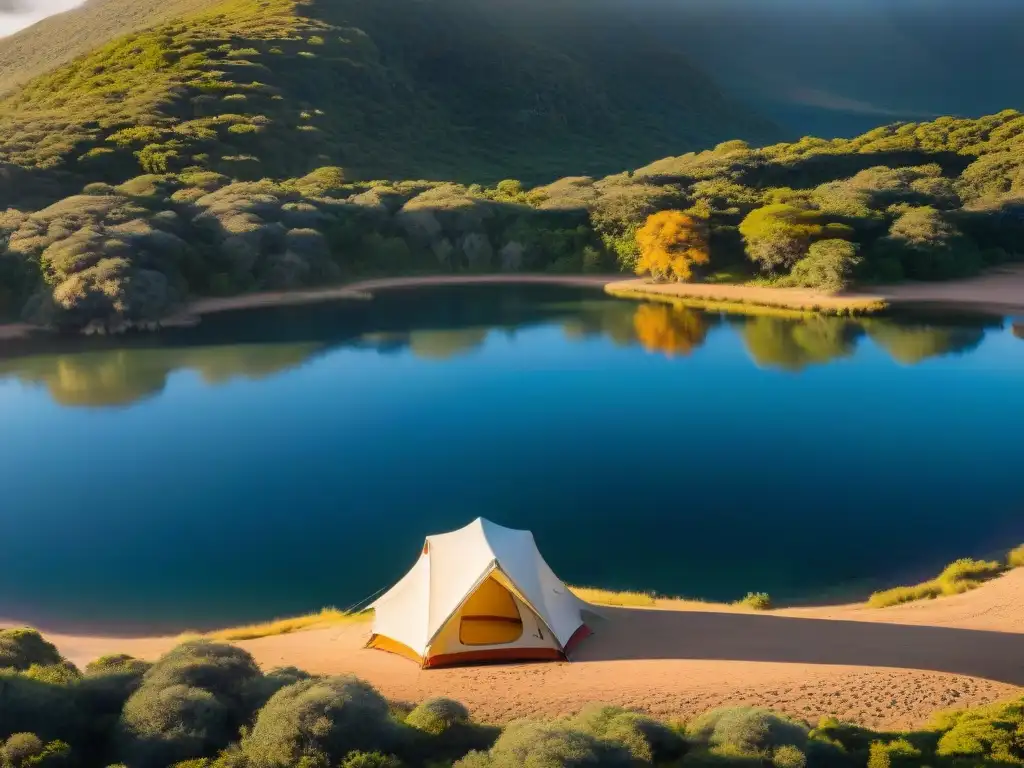 Un solitario campista asegurando su carpa en Santa Teresa al atardecer