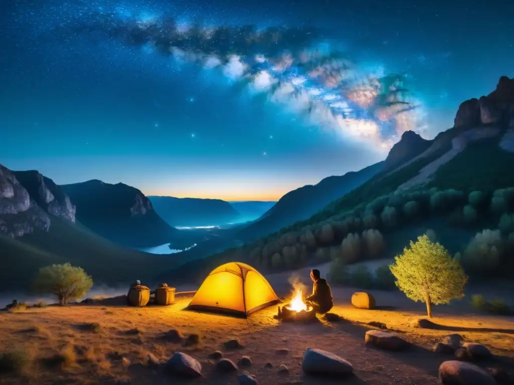 Un solitario campista junto a una hoguera, bajo un cielo estrellado en el Valle del Lunarejo