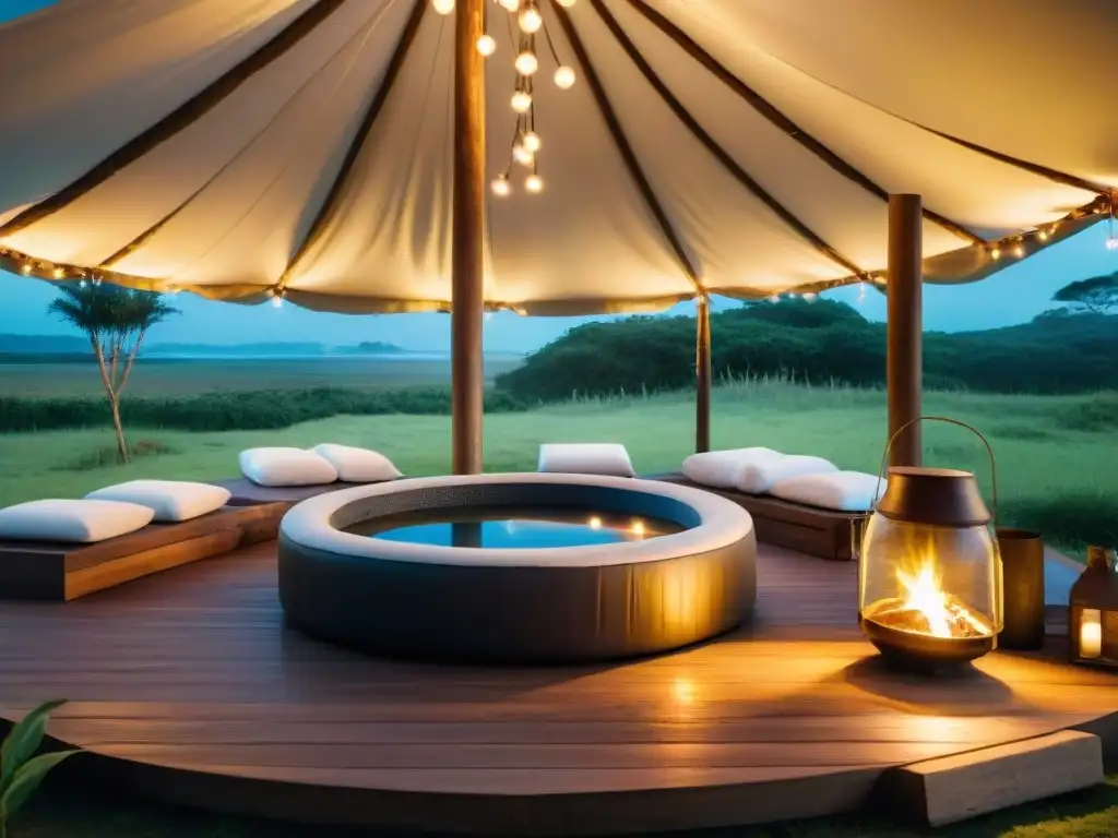 Un spa portátil en un sitio de glamping en Uruguay, rodeado de luces de hadas, fuego y vegetación exuberante