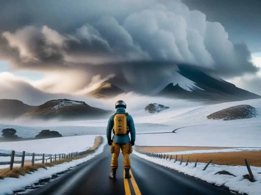 Supervivencia en Clima Uruguayo Extremo: Paisaje invernal en Uruguay con tormenta de nieve y figura luchando contra el viento