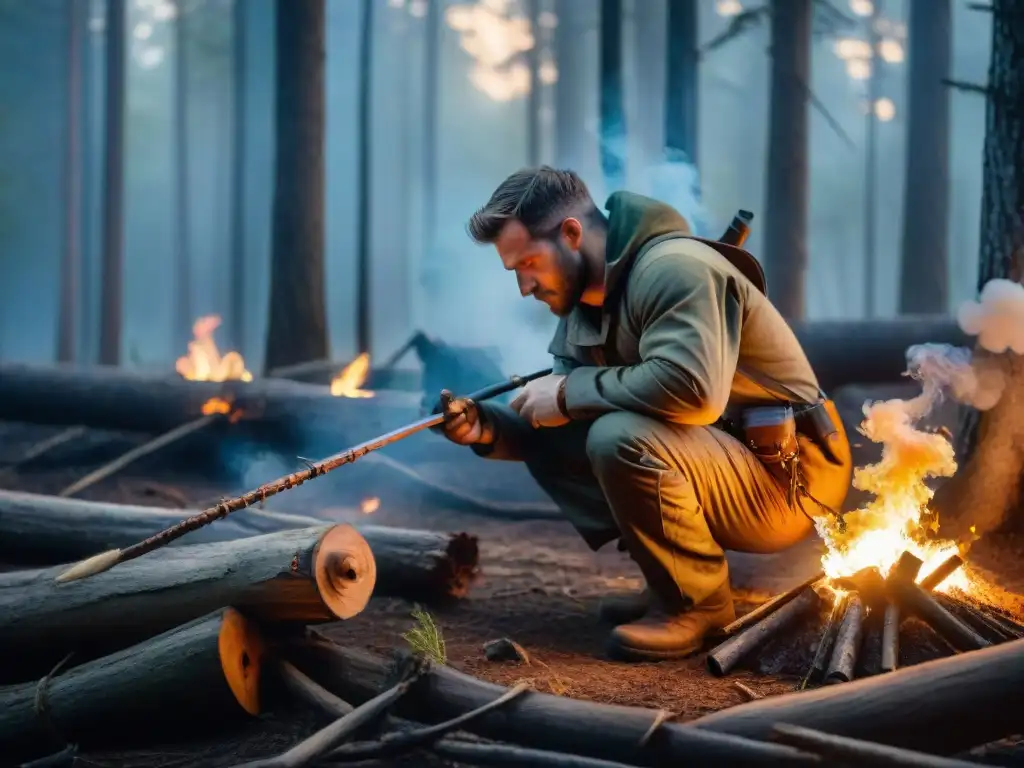 Hábil superviviente encendiendo fuego con arco de madera en bosque brumoso