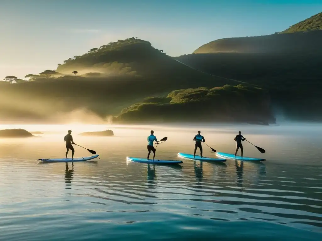 Surf de remo en camping: Amanecer sereno en Laguna Garzón, paddle surfistas surcan aguas doradas