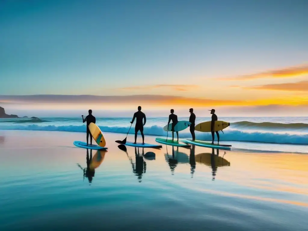 Surf de Remo en Camping: Surfeadores en paddleboards bajo el atardecer en playa uruguaya