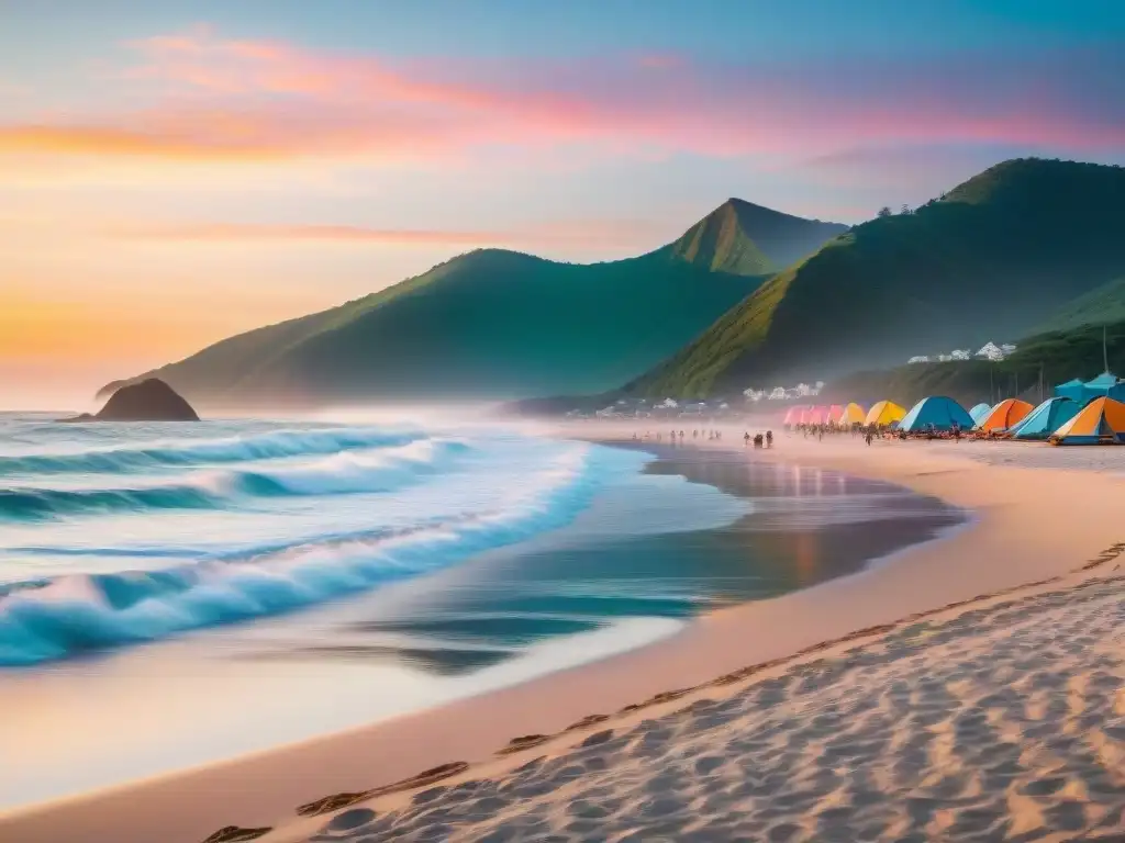 Surfistas de remo preparándose para surfear al amanecer en un camping costero pintoresco