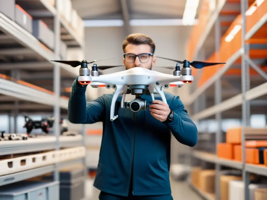 Un técnico protege con cuidado un dron en un taller especializado, resaltando la importancia de proteger equipo drones condiciones extremas