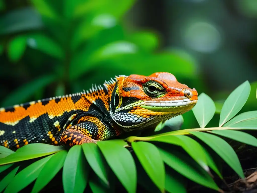 Un Tegu brillante se camufla entre hojas verdes en la selva amazónica