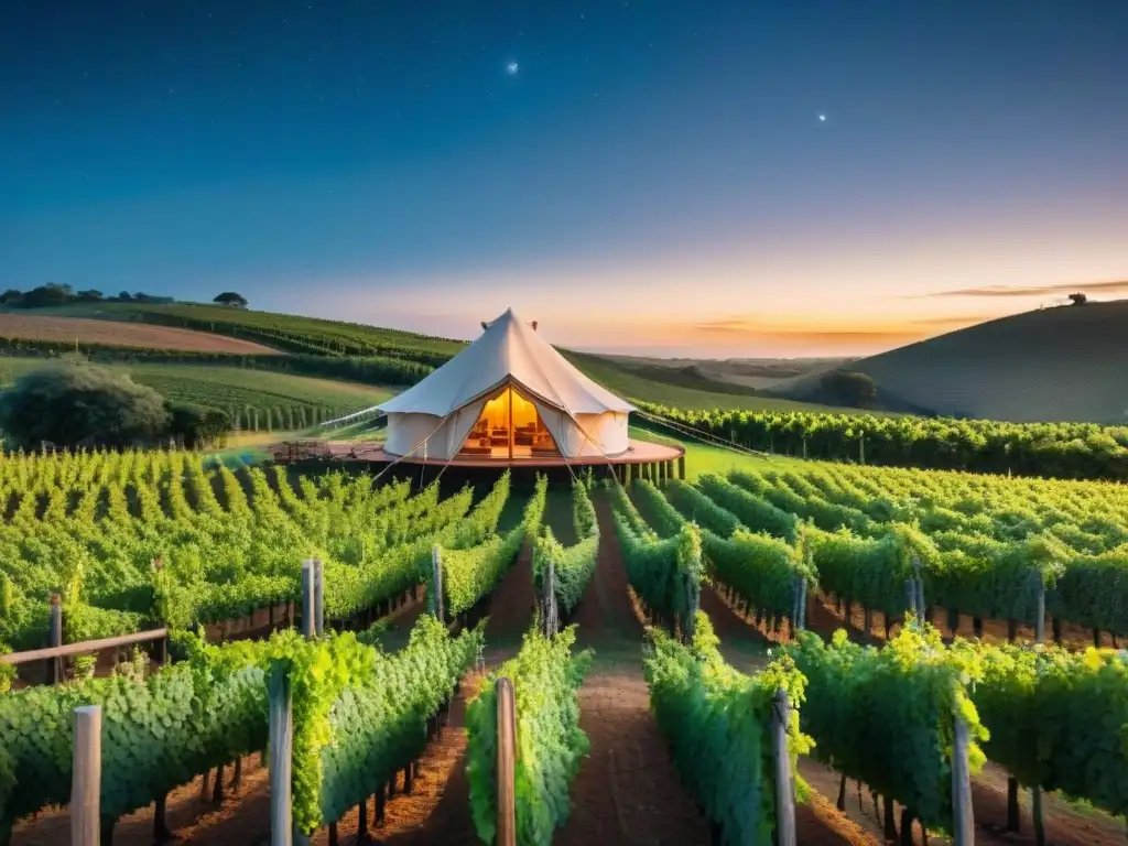 Un tentador glamping en Uruguay bajo un cielo estrellado, rodeado de viñedos exuberantes