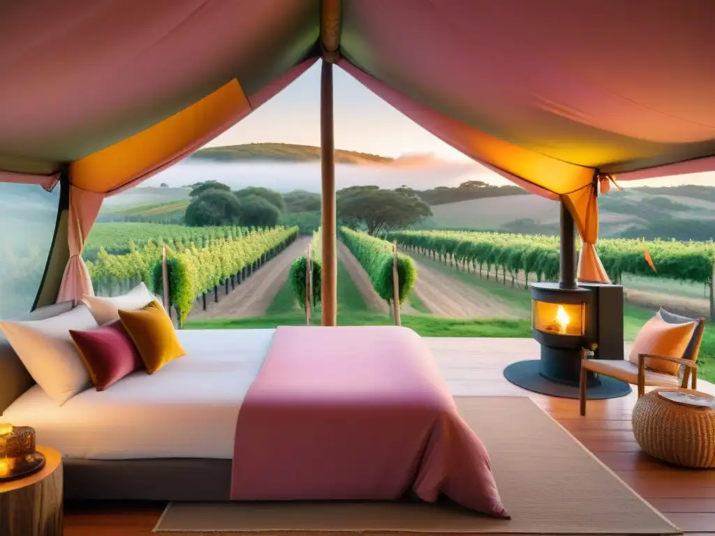 Un tentador glamping inolvidable en Uruguay: tienda de lujo en viñedo al atardecer