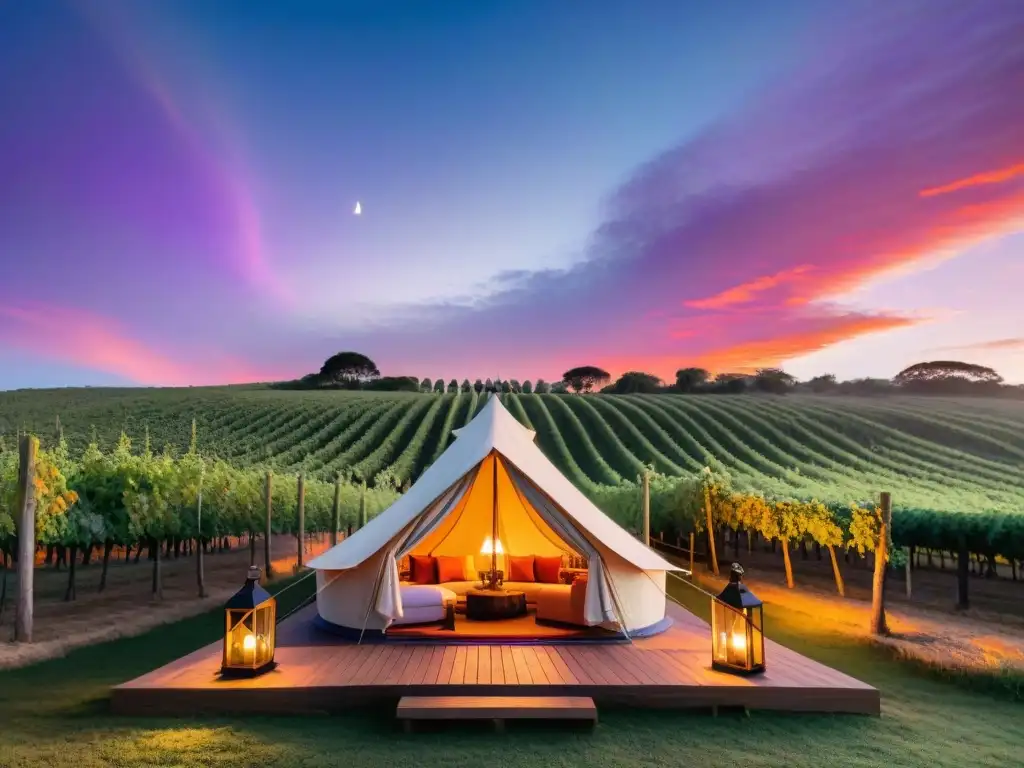 Un tentador glamping inolvidable en Uruguay: tienda de lujo entre viñedos al atardecer