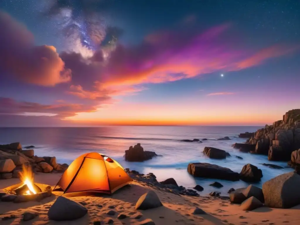 Un camper monta su tienda al atardecer en Cabo Polonio sin electricidad