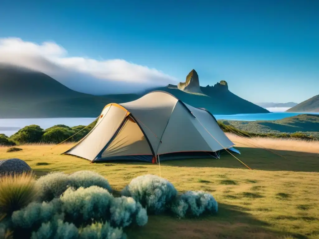 Tienda de campaña de alta gama en paisaje uruguayo, destacando diseño e innovación