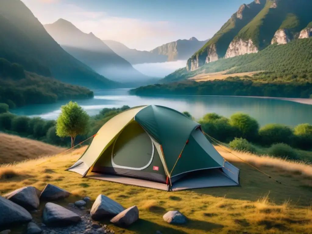 Tienda de campaña de alta gama en paisaje montañoso al amanecer, lujo y comodidad