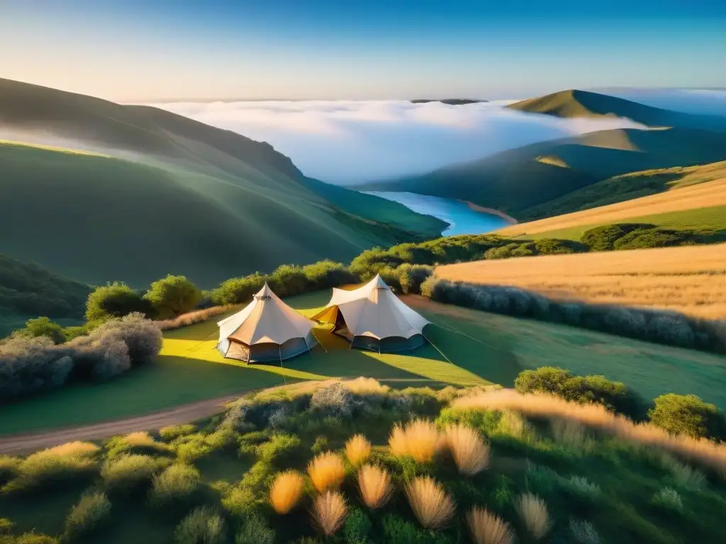 Tienda de campaña de alta gama en paisaje uruguayo: lujo y naturaleza se fusionan