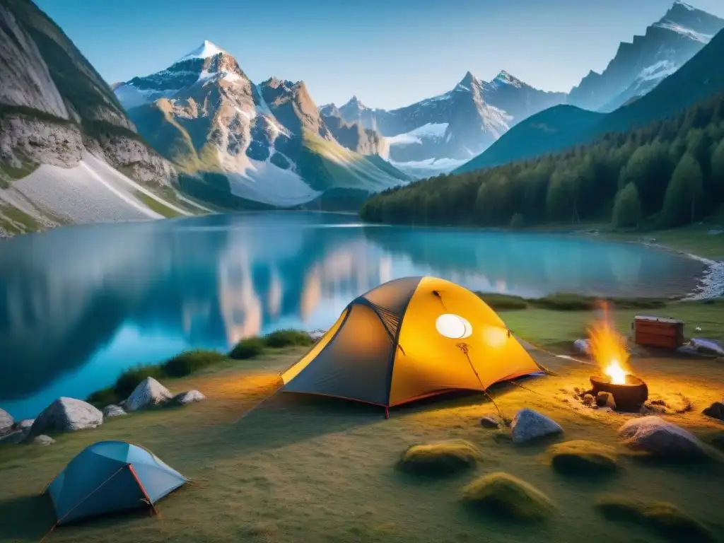 Tienda de campaña de alta gama en un entorno alpino sereno con lago y montañas nevadas