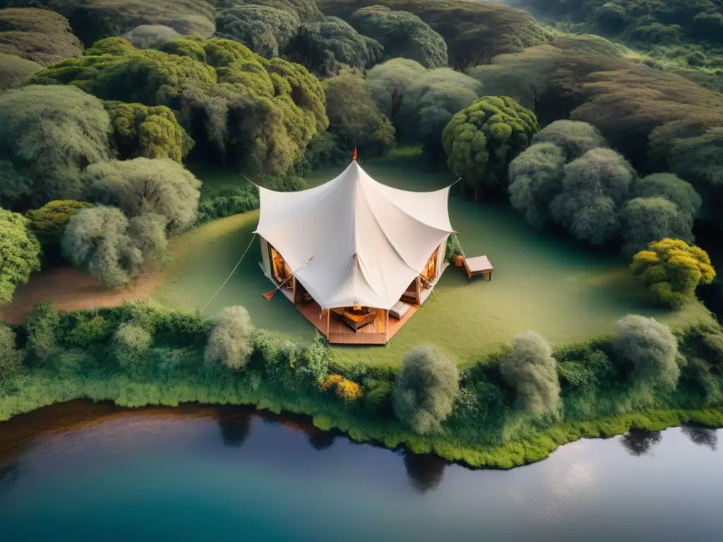 Tienda de campaña de alta gama en paisaje exuberante de Uruguay