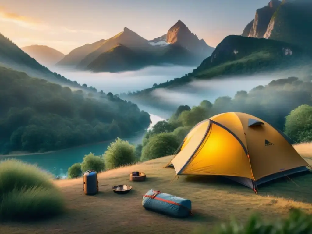 Tienda de campaña de alta gama en paisaje natural con atardecer dorado, ideal para amantes del aire libre