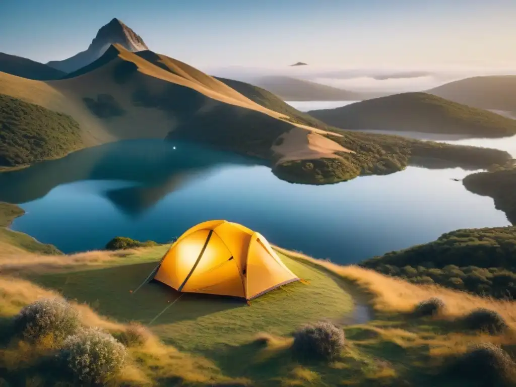 Una tienda de campaña de alta gama en Uruguay, con diseño innovador y avanzadas características, frente a un paisaje de colinas y lago sereno