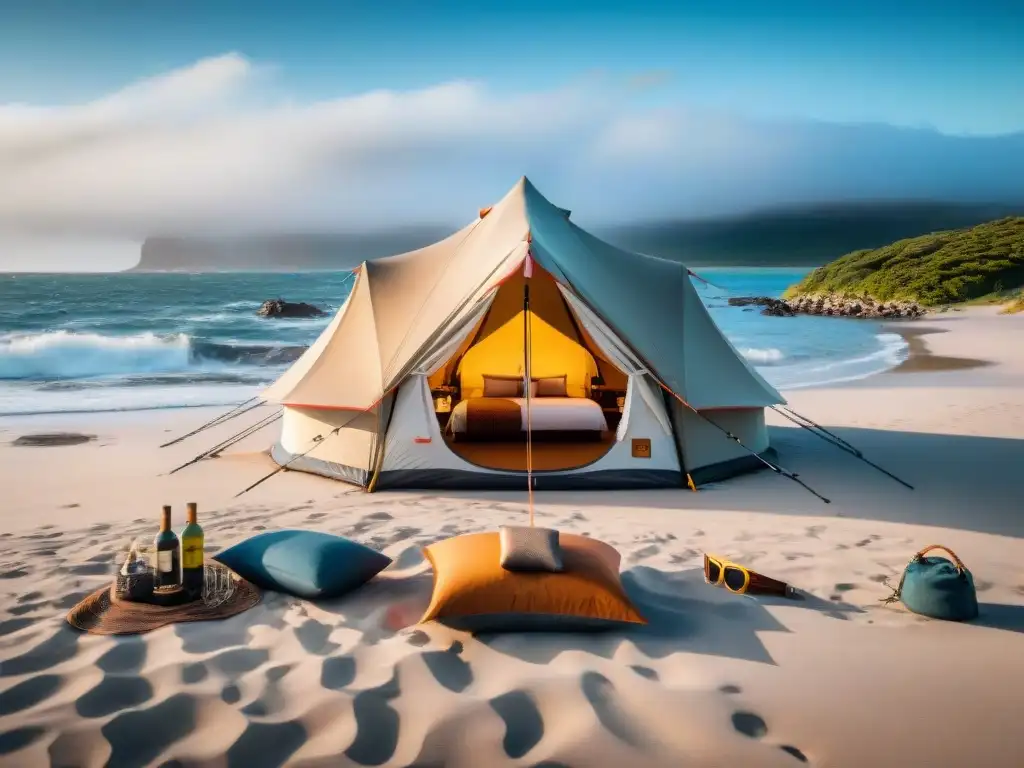 Una tienda de campaña de alta gama en una playa de Uruguay, fusionando lujo y naturaleza