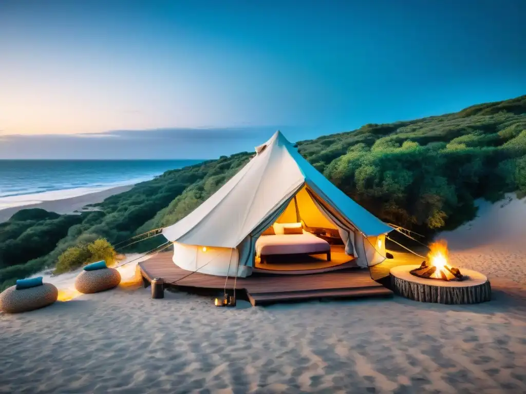 Tienda de campaña de alta gama en la playa de Uruguay, elegante y lujosa, con comodidades modernas y ambiente acogedor