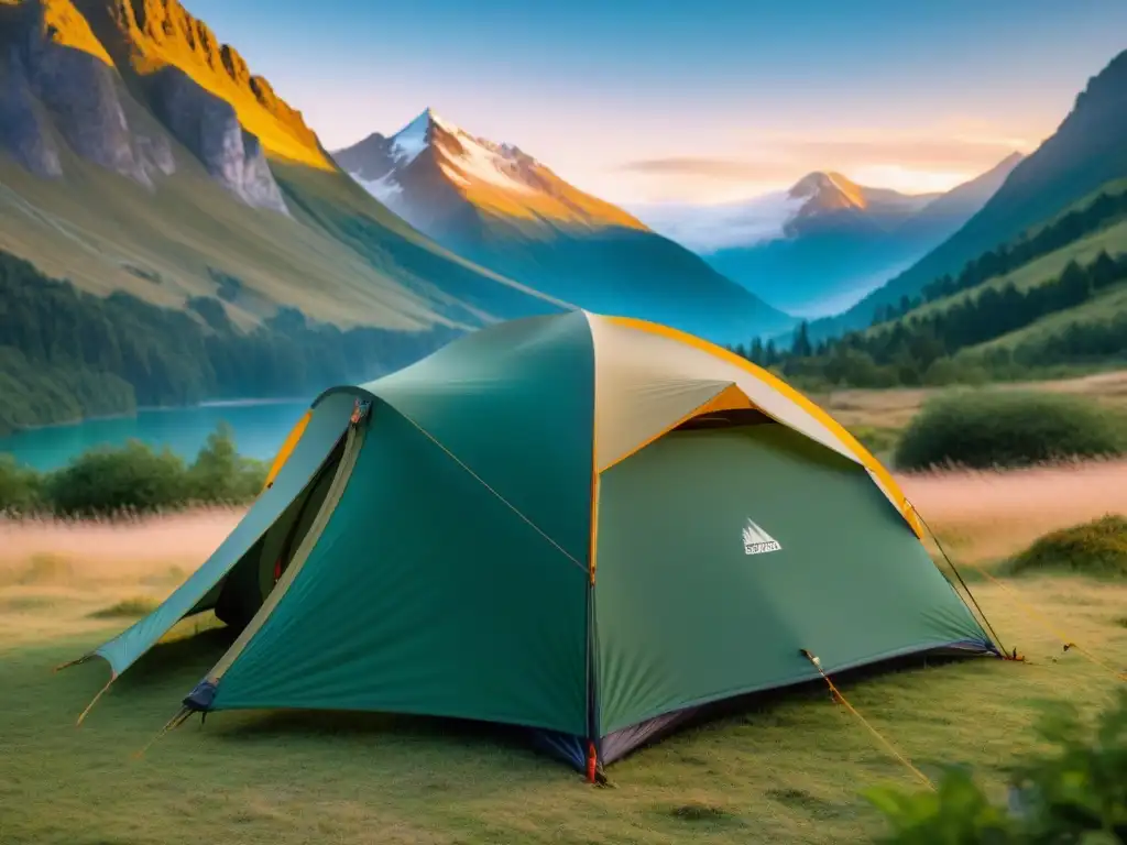 Tienda de campaña de alta gama en la montaña, bañada por la luz del sol, rodeada de elegantes accesorios de camping