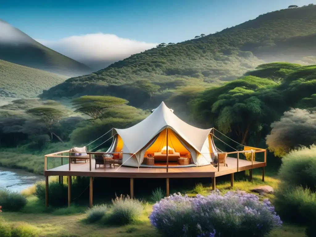 Una tienda de campaña de alta gama en un paisaje uruguayo exuberante y pintoresco, rodeada de naturaleza serena