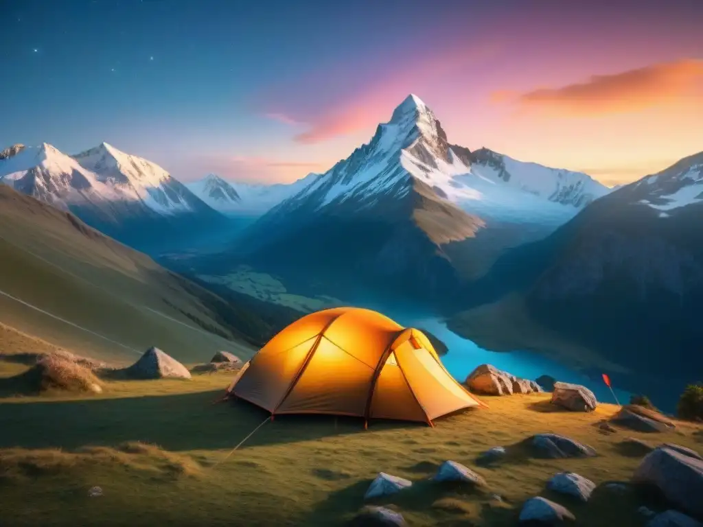 Tienda de campaña de alta gama en paisaje de montaña lujoso al atardecer