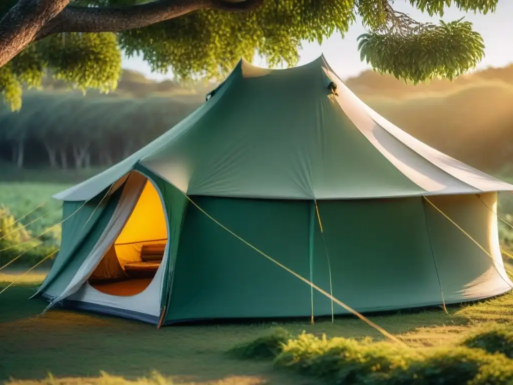 Tienda de campaña con rocío al amanecer en un hermoso camping en Uruguay