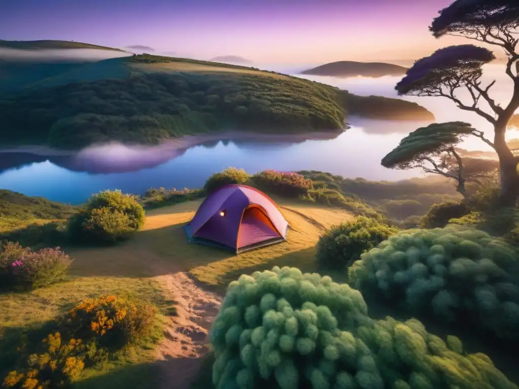 Tienda de campaña iluminada en un atardecer sereno en Uruguay, reflejando la mejor cámara para camping Uruguay