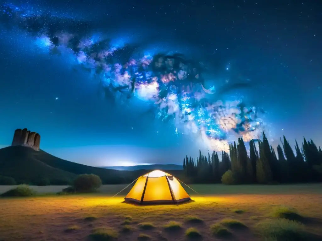 Una tienda de campaña iluminada en la mejor zona de acampada para observación astronómica en Uruguay, bajo la Vía Láctea y un cielo estrellado