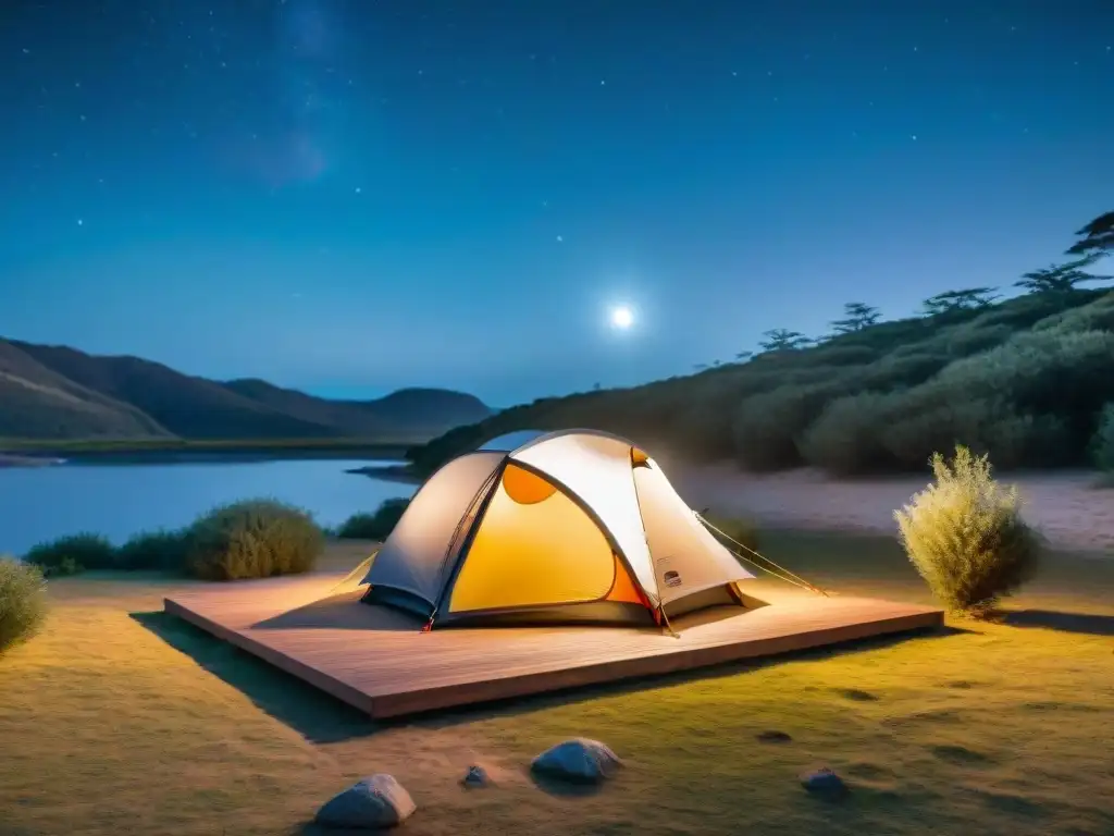 Tienda de campaña inteligente en campamento de lujo bajo cielo estrellado en Uruguay