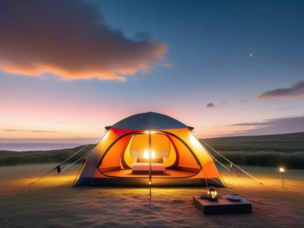 Una tienda de campaña inteligente en un camping pintoresco de Uruguay con atardecer de fondo