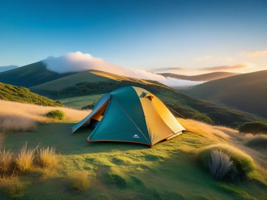 Una tienda de campaña de lujo en medio de un paisaje exuberante de Uruguay, con ropa de camping de lujo brillando al sol poniente