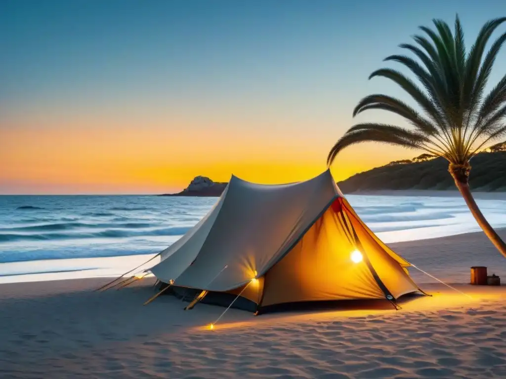 Tienda de campaña de lujo en Uruguay montada en una playa paradisíaca al atardecer, con una cálida luz dorada