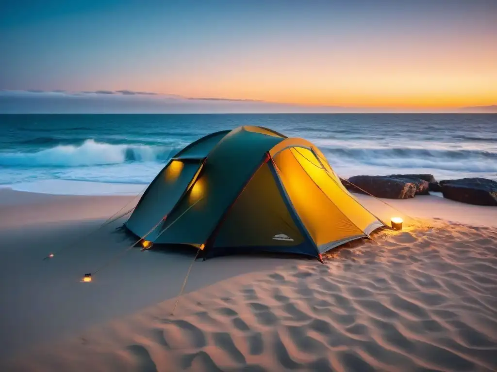 Tienda de campaña de lujo en playa de Uruguay al atardecer, iluminada por linterna, con mar de fondo y cielo vibrante