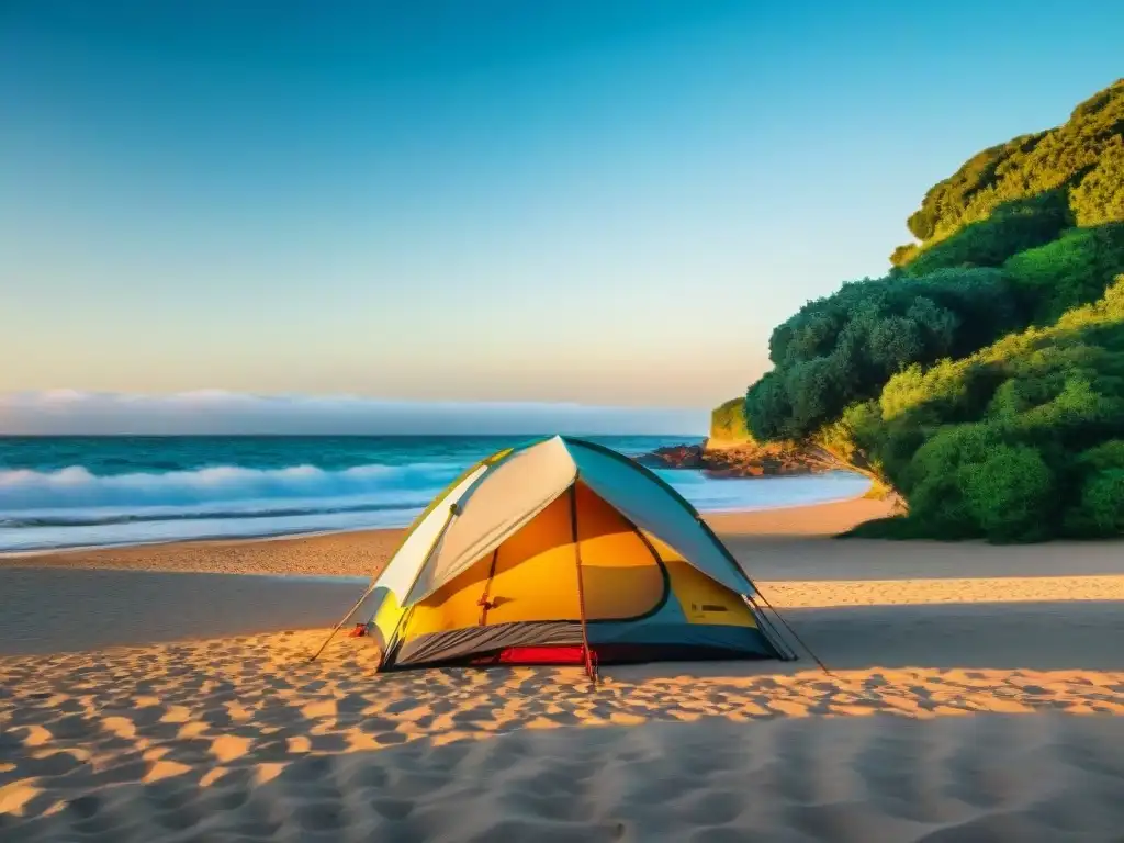 Tienda de campaña en la playa al amanecer en Uruguay, rodeada de naturaleza, transmitiendo seguridad y tranquilidad