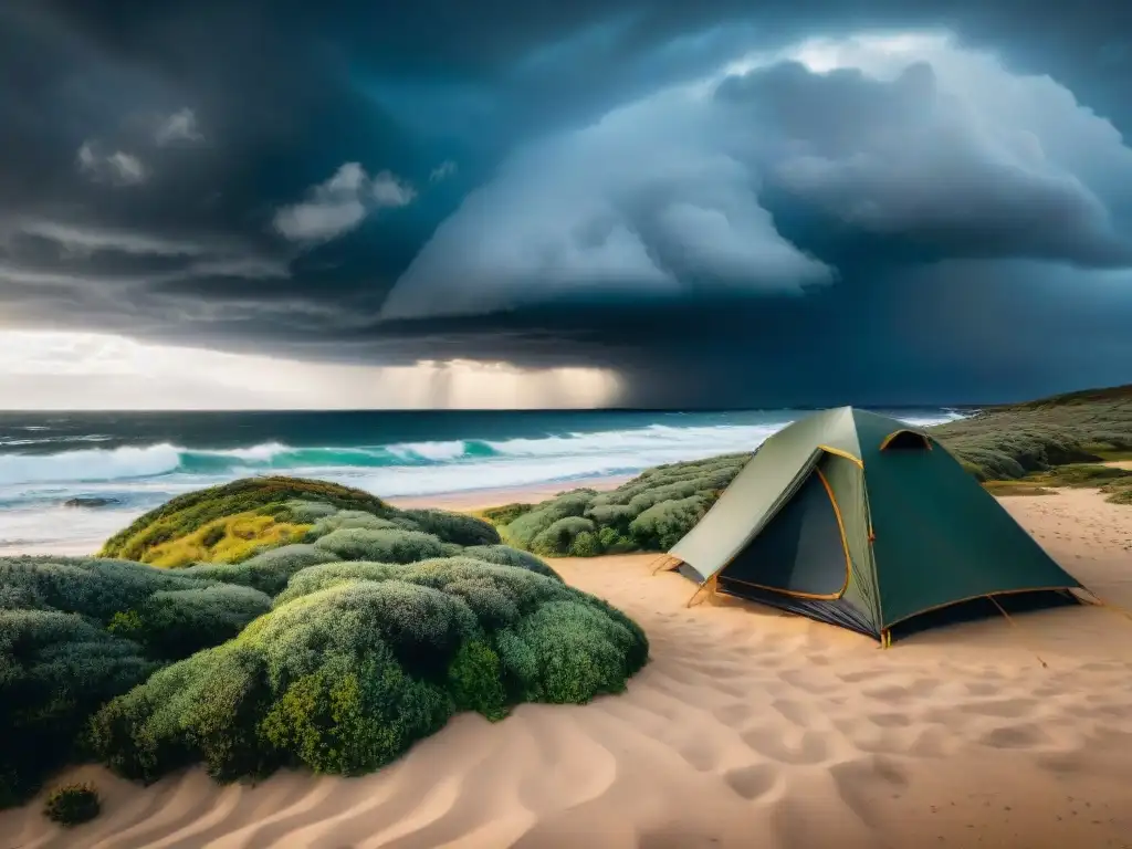 Tienda de campaña resistente al viento en la costa de Uruguay, desafiando las fuertes ráfagas marinas y el clima impredecible