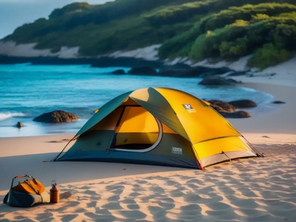 Tienda de camping de lujo en la playa de Uruguay, rodeada de vegetación exuberante y aguas cristalinas al atardecer