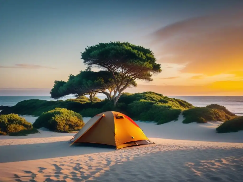 Tienda de camping de lujo en la playa de Uruguay al atardecer con ropa de camping de calidad